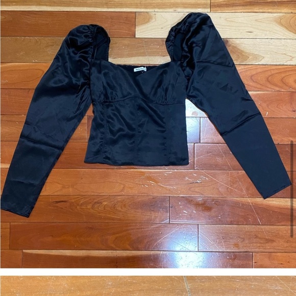 REFORMATION Roe Black Satin Silk Long Sleeve Top Square Neck Bustier Blouse - Picture 4 of 7